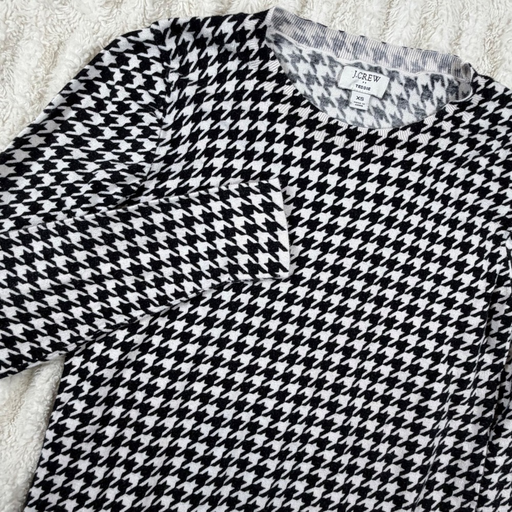 J.Crew Teddie Sweater Womens XS Black White Houndstooth Cotton Crewneck Knit